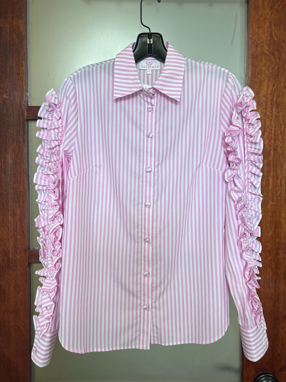 Neubyrne Pink Striped Ruffle Sleeve Button-Up Blouse
